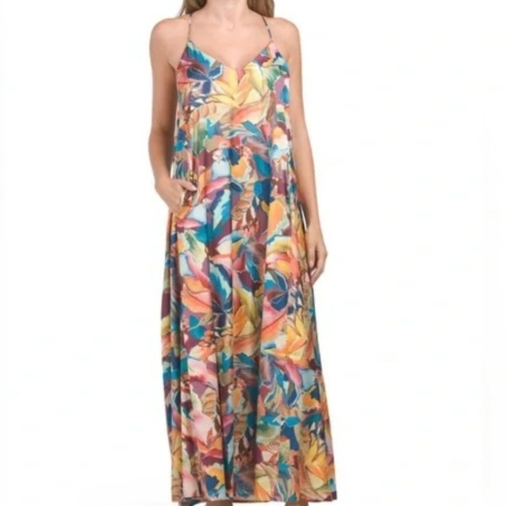 Nicole Miller Multicolor Floral Silky Racerback Maxi Dress Size Medium